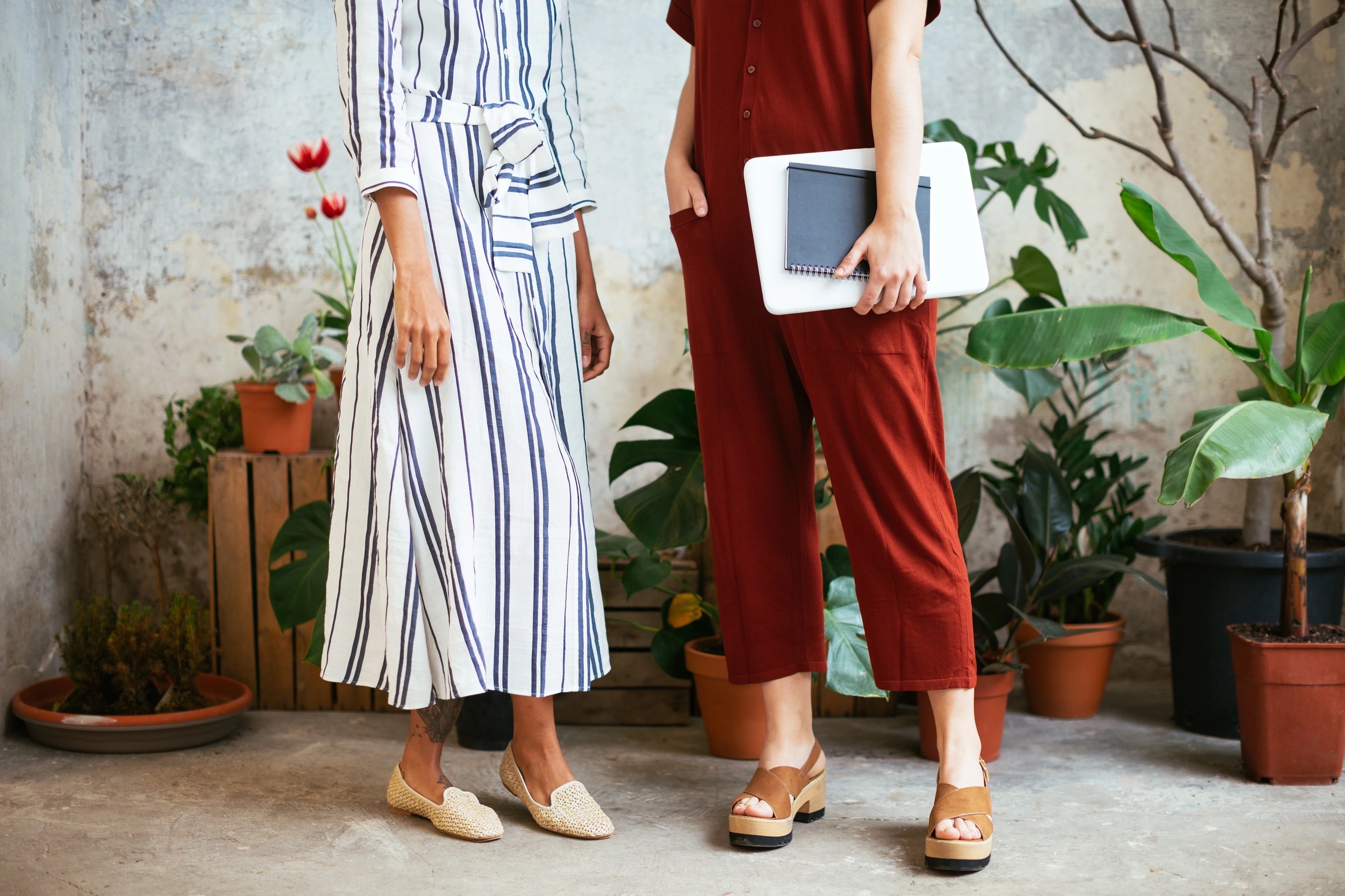 red jumpsuit and stripy dress bodies shown only